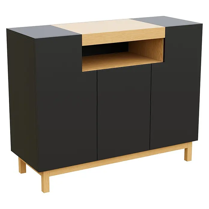 SONNENH Kommode - Schwarz/Natur - Modernes dunkelgraues und helles Holz-Sideboard mit drei Türen und offenem Fach, auf Holzbeinen.