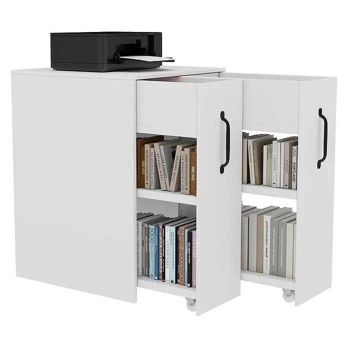 SONNENH Kommode - Weiß, Anzahl Schubladen: 2 Stk. - Weißer Rollschrank mit Drucker und zwei ausziehbaren Bücherregalen, mit schwarzen Griffen und Rollen.