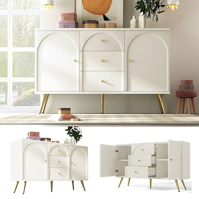 SONNENH Kommode mit 2 Türen und 3 Schubladen, Creme-Weiß -  - Weißes modernes Sideboard mit goldenen Beinen und gewölbten Tür- und Schubladenfronten, das stilvollen Stauraum für ein zeitgemäßes Interieur bietet.