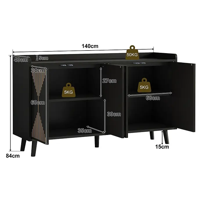 SONNENH Kommode - Schwarz - Schwarzes Holzsideboard mit goldenem vertikalem Akzent, drei Fächern (eines mit Tür, zwei offene mit Regalen) und kurzen Beinen.