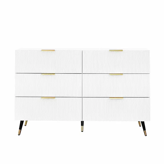 SONNENH Kommode - Weiß/Gold, Anzahl Schubladen: 6 Stk. - Weiße Kommode mit sechs Schubladen, geriffelter Textur, goldenen Griffen und schwarzen Beinen mit goldenen Spitzen.