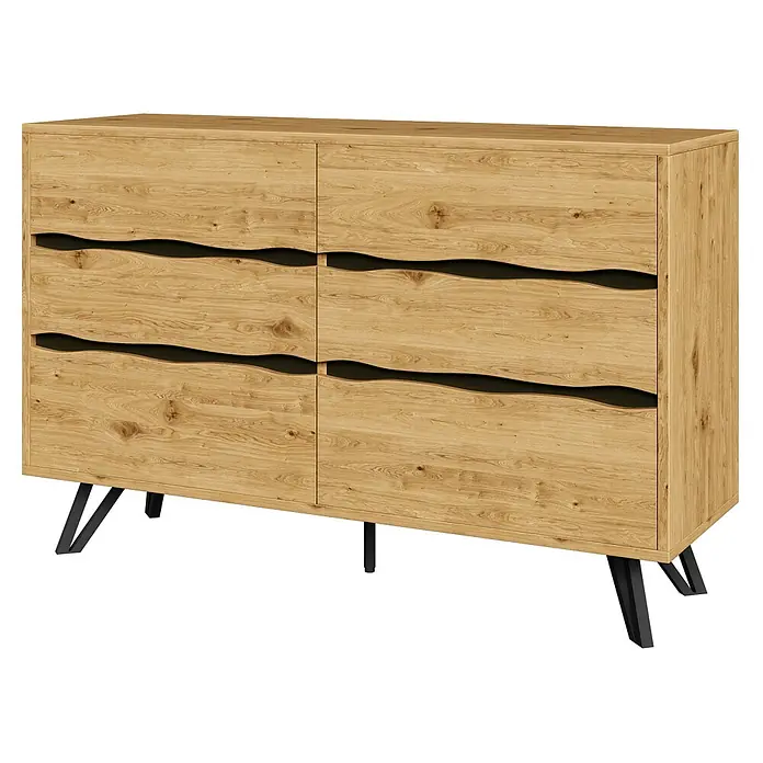 SONNENH Kommode - Holzoptik, Anzahl Schubladen: 6 Stk. - Kommode aus hellem Holz mit schwarzen Beinen und gewellten, integrierten Griffen.