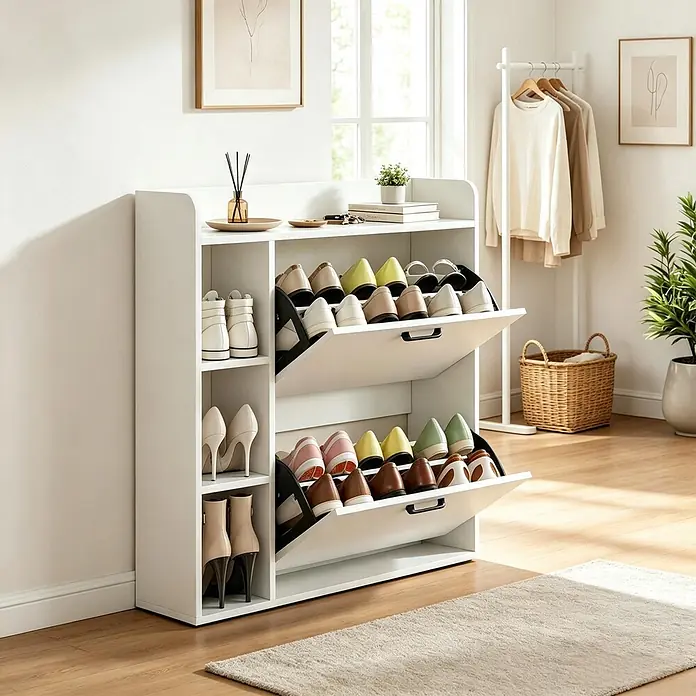 SONNENH Schuhschrank - Weiß - Weißer Schuhschrank mit zwei Kippschubladen und Seitenregalen, der diverse Schuhe verstaut und Dekoration in einem modernen Raum präsentiert.