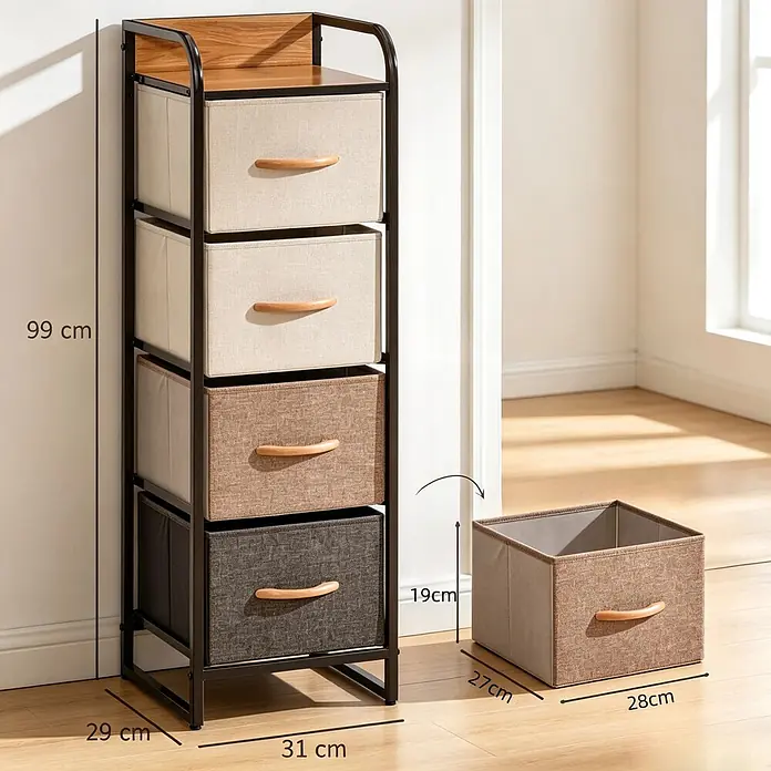 SONNENH Kommode - Beige/Braun, Anzahl Schubladen: 4 Stk. - 4-stöckige Kommode mit schwarzem Metallrahmen, Holzplatte und beigen, braunen und dunkelgrauen Stoffschubladen. Maße sind angegeben.