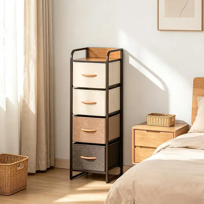 SONNENH Kommode - Beige/Braun, Anzahl Schubladen: 4 Stk. - Ein 4-Schubladen-Stoffschrank mit schwarzem Metallrahmen, Holzplatte und Schubladen in Beige, Braun und Dunkelgrau, zur Schlafzimmeraufbewahrung.