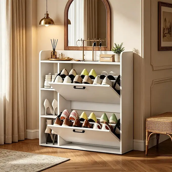 SONNENH Schuhschrank - Weiß - Weißer Schuhschrank mit zwei Kippfächern und einer oberen Ablage, gefüllt mit verschiedenen Schuhen, in einem modernen Eingangsbereich.