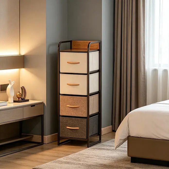 SONNENH Kommode - Beige/Braun, Anzahl Schubladen: 4 Stk. - Vier-Schubladen-Stoffkommode mit Holzplatte und Metallrahmen, in verschiedenen neutralen Farben, im Schlafzimmer platziert.