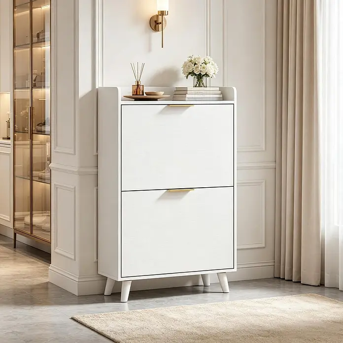 SONNENH Schuhschrank mit 2 Klappen, Weiß -  - Weißer Schuhschrank mit zwei Kippfächern und goldenen Griffen in modernem Eingangsbereich.