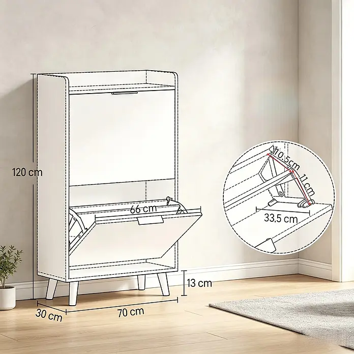 SONNENH Schuhschrank mit 2 Klappen, Weiß -  - Weißer Schuhschrank, 120x70x30 cm, mit Kippfächern und 13 cm hohen Beinen.