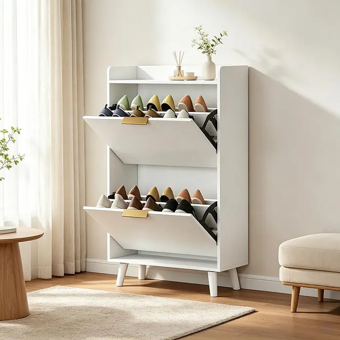SONNENH Schuhschrank mit 2 Klappen, Weiß -  - Weißer Schuhschrank mit zwei Kippfächern, gefüllt mit bunten Schuhen, in einem hellen Wohnraum.