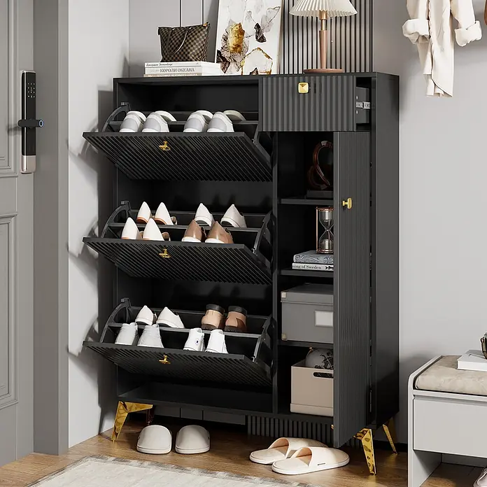 SONNENH Schuhschrank - Schwarz - Dunkelgrauer Schuhschrank mit goldenen Beinen und Griffen, mit Kippfächern und Seitenregalen für den Eingangsbereich.