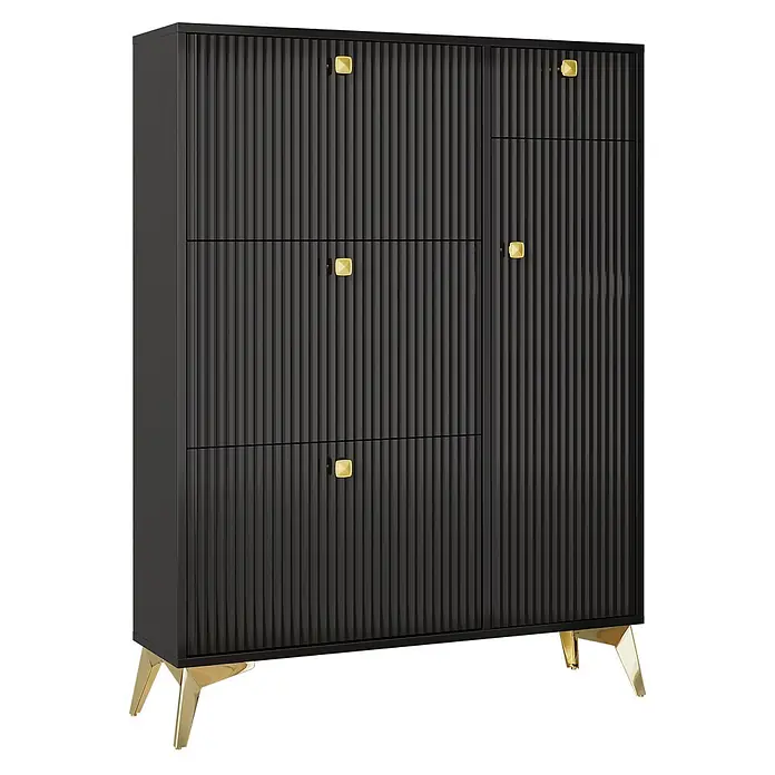 SONNENH Schuhschrank - Schwarz - Schwarzer Rillen-Schrank mit drei Schubladen und zwei Türen, goldene quadratische Griffe und angewinkelte goldene Beine.