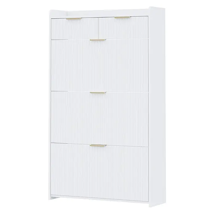SONNENH Schuhschrank mit 3 Klappen und 2 Schubladen, Weiß -  - Weiße Kommode mit geriffelten Fronten und goldenen Griffen.