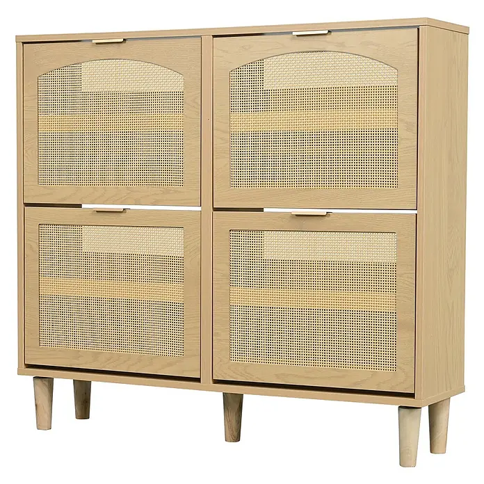 SONNENH Schuhschrank mit vier Rattan-Klappfächern, helle Eichenoptik -  - Heller Eicheneffekt-Schrank mit vier Türen, Rattan-Geflecht und konischen Holzbeinen.