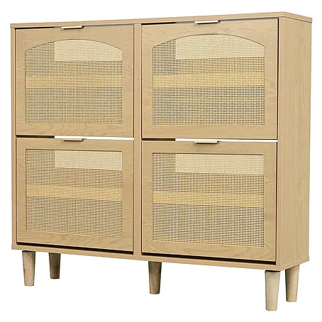 SONNENH Schuhschrank mit vier Rattan-Klappfächern, helle Eichenoptik