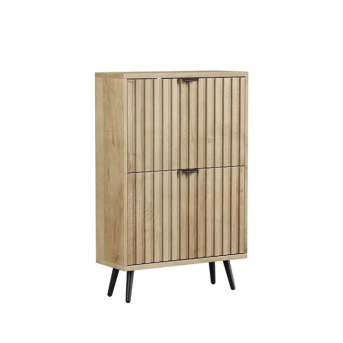 SONNENH Schuhschrank - Holzoptik - Helles Holzschränkchen mit zwei geriffelten Schubladen, schwarzen Griffen und konischen schwarzen Beinen.