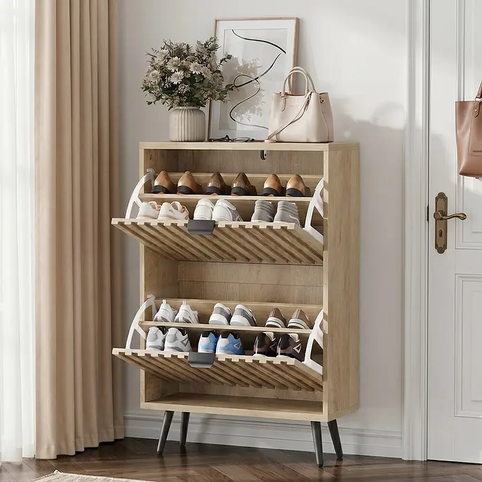 SONNENH Schuhschrank - Holzoptik - Heller Holzschuhschrank mit schwarzen Beinen, zwei ausklappbaren Schubladen für Schuhe und einer oberen Ablage mit Deko.