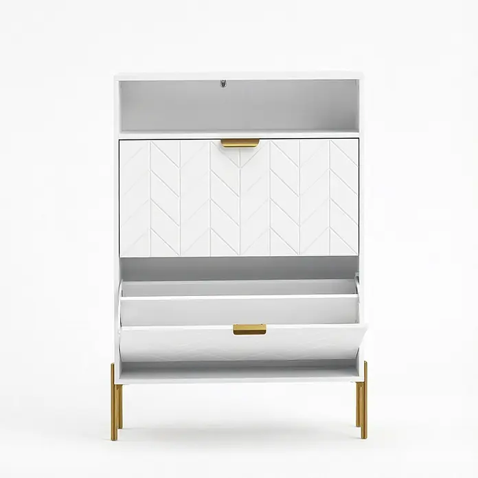 SONNENH Schuhschrank - Weiß/Gold - Weißer Schuhschrank mit goldenen Griffen und Beinen, mit Fischgrätmuster und offenem Unterfach zur Aufbewahrung.