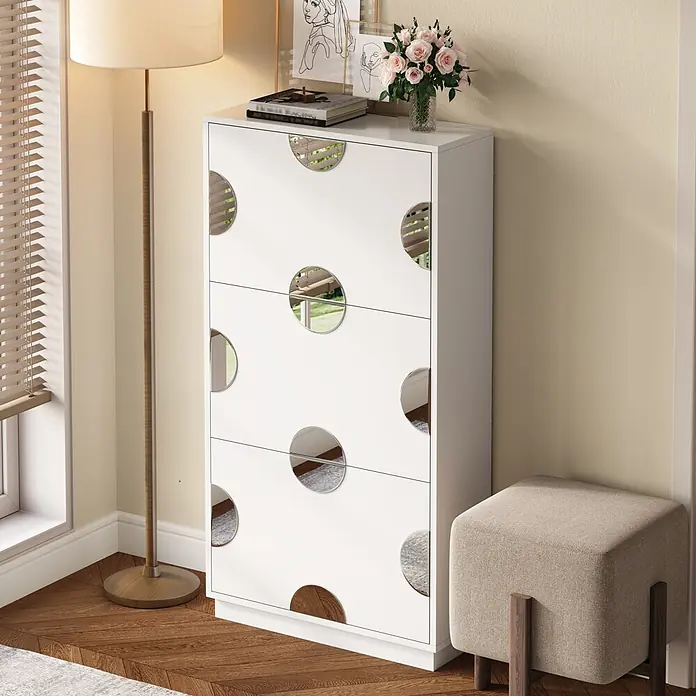 SONNENH Schuhschrank - Weiß - Weiße Kommode mit runden Spiegelgriffen in modernem Raumambiente.