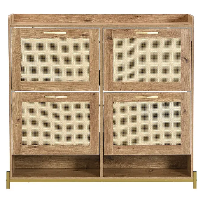 SONNENH Schuhschrank - Natur/Gold - Schuhschrank aus hellem Holz mit vier Kipptüren mit Rattan-Einsätzen und goldenen Griffen, offenem Regal unten und goldenem Metallsockel.