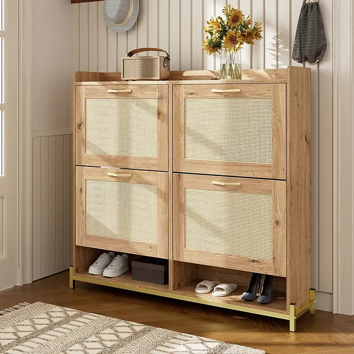 SONNENH Schuhschrank - Natur/Gold - Hölzerner Schuhschrank für den Eingangsbereich mit Rattanfronten und goldenen Griffen, zur Aufbewahrung von Schuhen und Dekoration.
