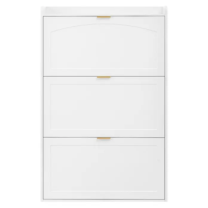 SONNENH Schuhschrank mit 3 Klappen, Weiß -  - Weißer Schuhschrank mit drei Fächern und goldenen Griffen.
