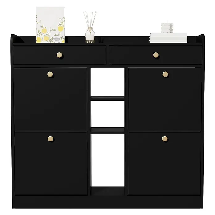 SONNENH Schuhschrank - Schwarz - Schwarzer Schuhschrank mit Goldknöpfen, zwei Schubladen, vier Klappfächern und drei offenen Regalen, oben dekoriert.