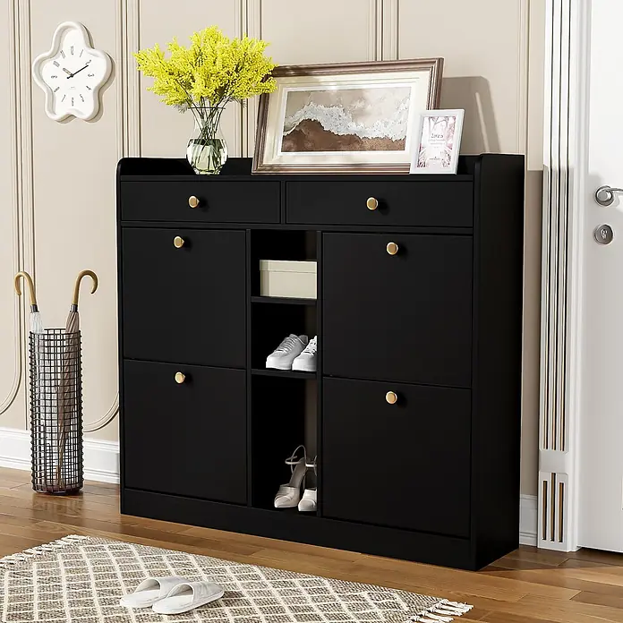 SONNENH Schuhschrank - Schwarz - Schwarzer Schuhschrank mit goldenen Knöpfen, zwei Schubladen, vier Kippfächern und einem offenen Regal, als Flurorganizer.