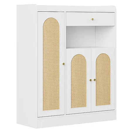 SONNENH Schuhschrank mit Rattanfronten, Weiß und Natur