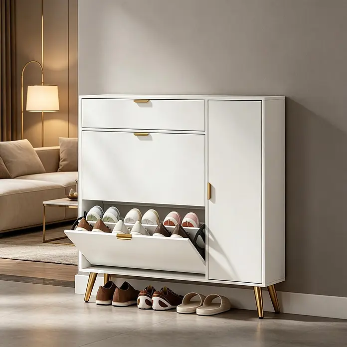 SONNENH Schuhschrank - Weiß/Gold - Weißer Schuhschrank mit goldenen Griffen und Beinen, mit Schublade, Kippfach für Schuhe und Seitenfach, im Eingangsbereich.