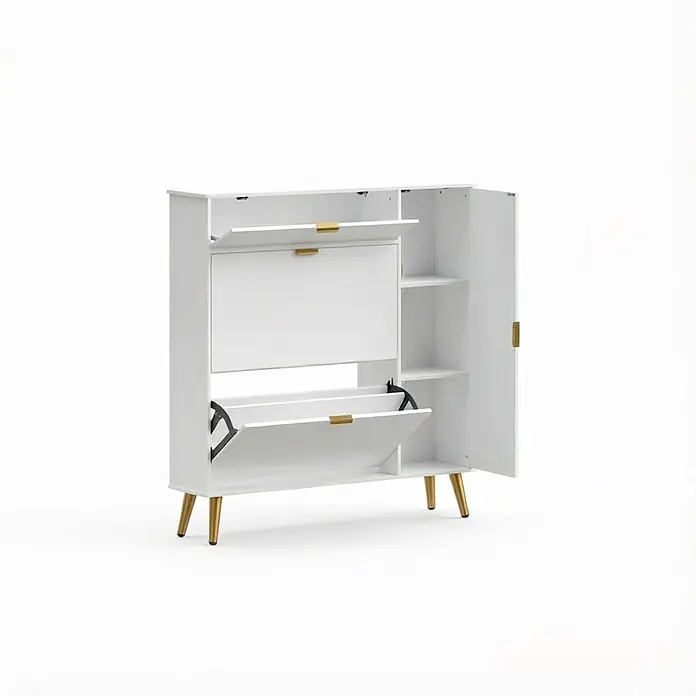 SONNENH Schuhschrank - Weiß/Gold - Weißer Schuhschrank mit goldenen Griffen und Beinen, mit zwei Kippfächern und einem Seitenfach mit Regalen.
