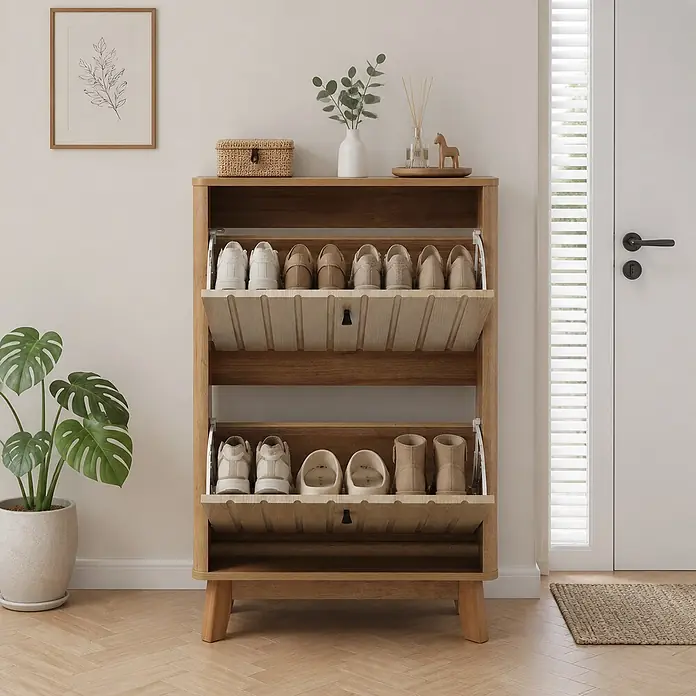 SONNENH Schuhschrank mit Klappfächern, Eichenoptik -  - Hellbrauner Schuhschrank aus Holz mit zwei Kippfächern, in denen verschiedene Schuhe in einem Eingangsbereich aufbewahrt werden.