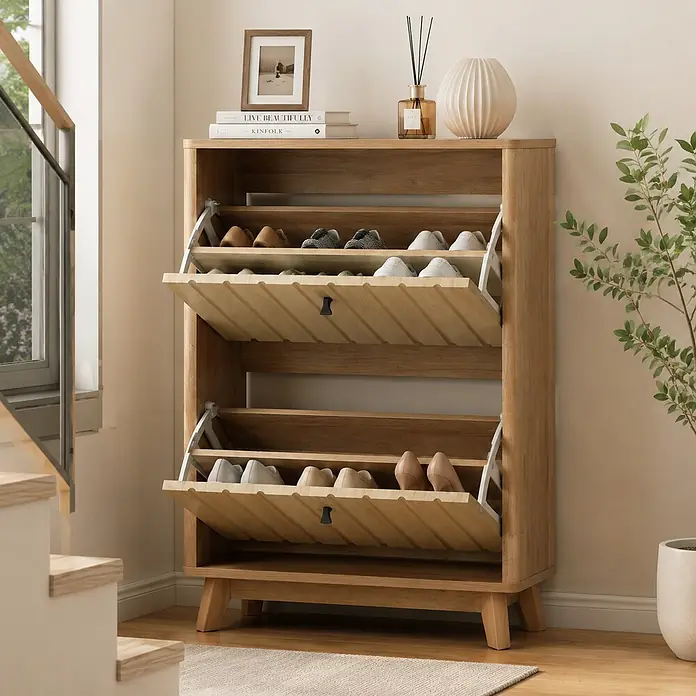 SONNENH Schuhschrank mit Klappfächern, Eichenoptik -  - Schuhschrank aus hellem Holz mit zwei Kippfächern für Schuhe und Dekoration, neben Treppe platziert.