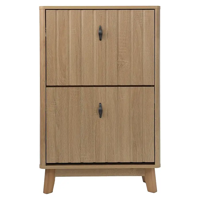 SONNENH Schuhschrank mit Klappfächern, Eichenoptik -  - Heller Holzschrank mit zwei Türen, strukturierter Front, dunklen Griffen und schrägen Beinen.