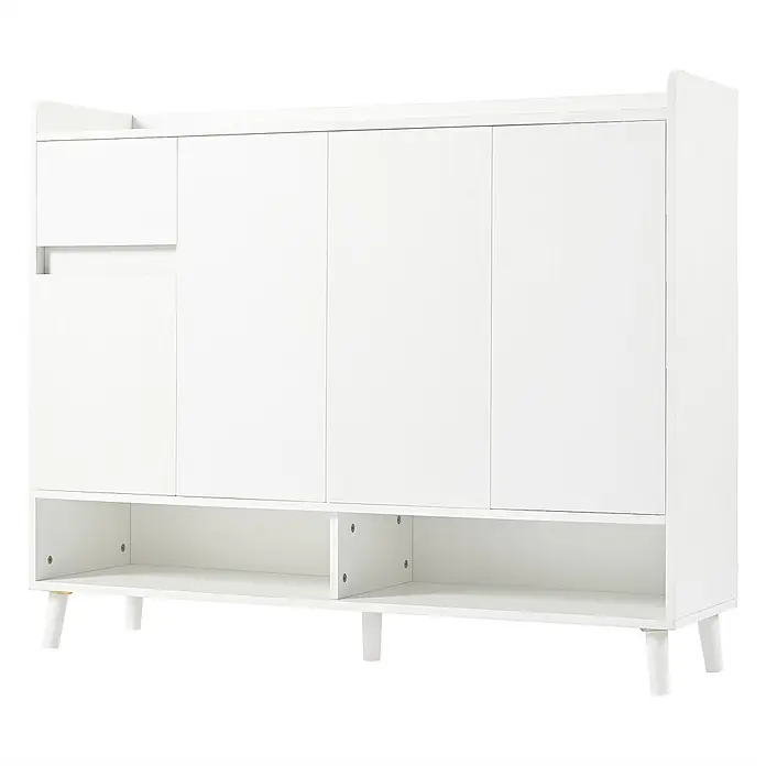SONNENH Schuhschrank - Weiß - Weißer Holzschrank mit Türen, einem Schubladenfach, offenen Regalen und konischen Beinen.