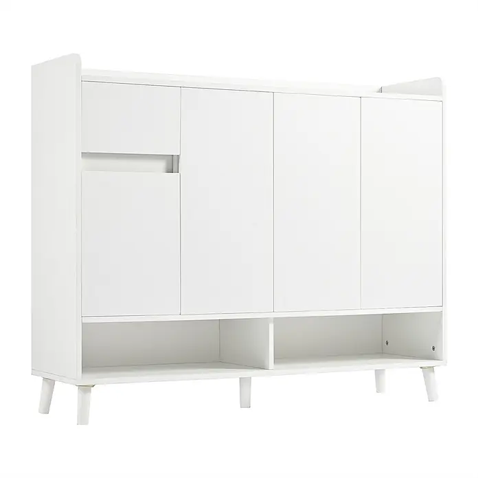 SONNENH Schuhschrank - Weiß - Weißer Holzschrank mit mehreren Türen, offenen Fächern und konischen Beinen.