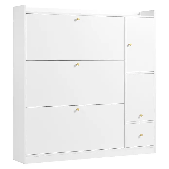 SONNENH Schuhschrank - Weiß - Weißer Schuhschrank mit drei Kippfächern und einem Seitenfach mit Tür und zwei Schubladen, alle mit goldenen Knöpfen.