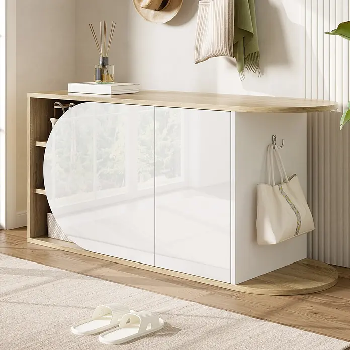 SONNENH Schuhschrank - Weiß/Naturholzoptik - Moderner Schuhschrank mit heller Holzplatte, glänzenden weißen Türen und offenen Regalen, bietet stilvollen Stauraum und Sitzgelegenheit.