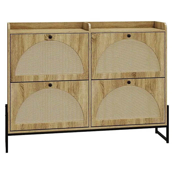 SONNENH Schuhschrank mit 4 Klappen und PE-Flechtdekor, Natur -  - Schuhschrank aus hellem Holz mit vier Türen, halbkreisförmigen Rattan-Paneelen und schwarzem Metallrahmen.