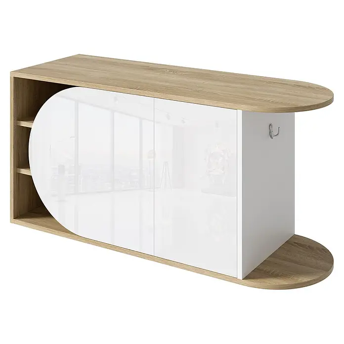 SONNENH Schuhschrank - Weiß/Naturholzoptik - Wandgarderobe mit heller Holzoptikplatte/-basis, weißen Hochglanzschränken, Seitenregalen und einem Kleiderhaken.
