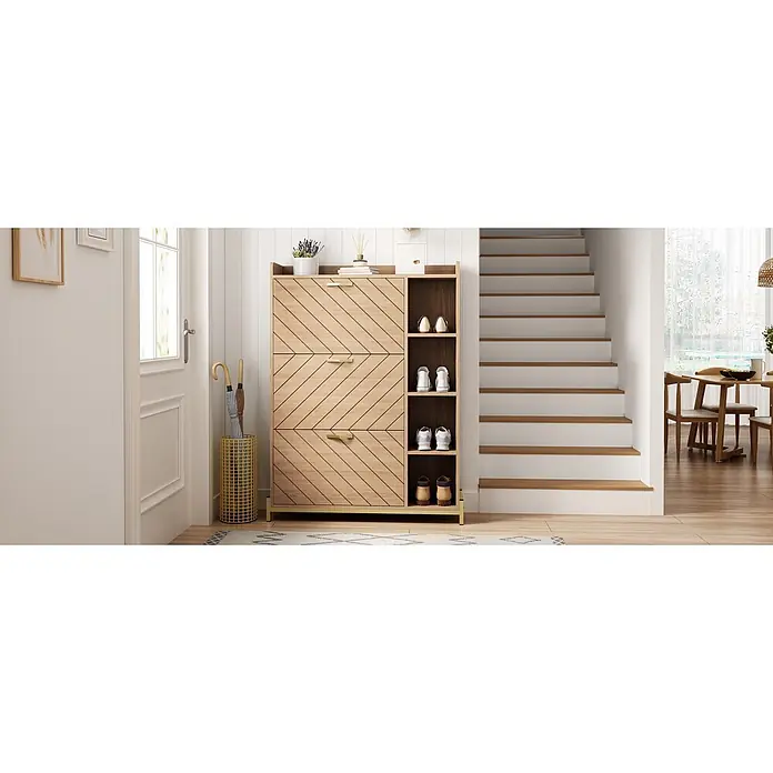 SONNENH Schuhschrank - Eichenoptik/Gold - Hölzerner Schuhschrank mit diagonal gemusterten Fronten und goldenen Akzenten, zur Aufbewahrung im Eingangsbereich.