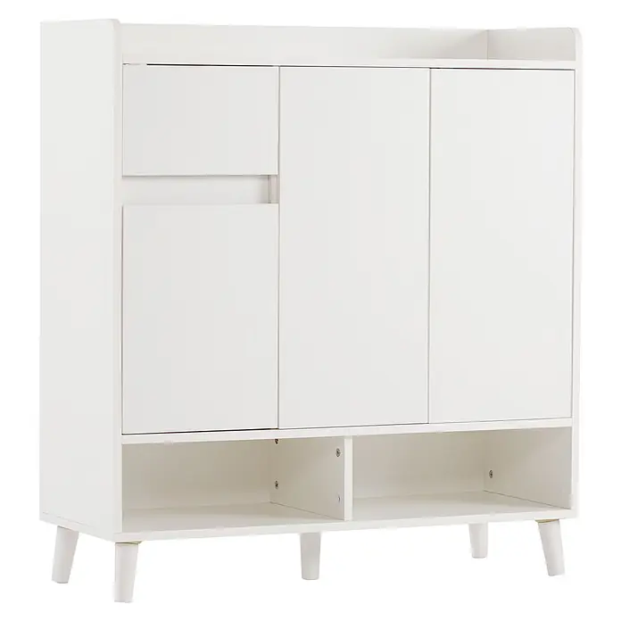 SONNENH Schuhschrank mit Schublade und offenen Fächern, Weiß -  - Weißer Holzschrank mit oberen Schubladen/Türen und unteren offenen Fächern auf konischen Beinen.