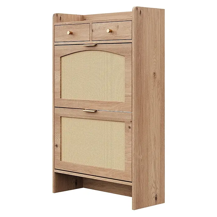 SONNENH Schuhschrank - Natur - Heller Holzschuhschrank mit zwei Schubladen und zwei Rattan-Klappfächern, versehen mit messingfarbenen Griffen.