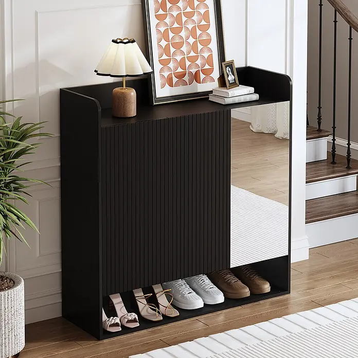 SONNENH Schuhschrank - Schwarz - Schwarzer Schuhschrank mit Spiegeltür und offenem Unterschuhfach, dient als Flurkonsole mit Stauraum.