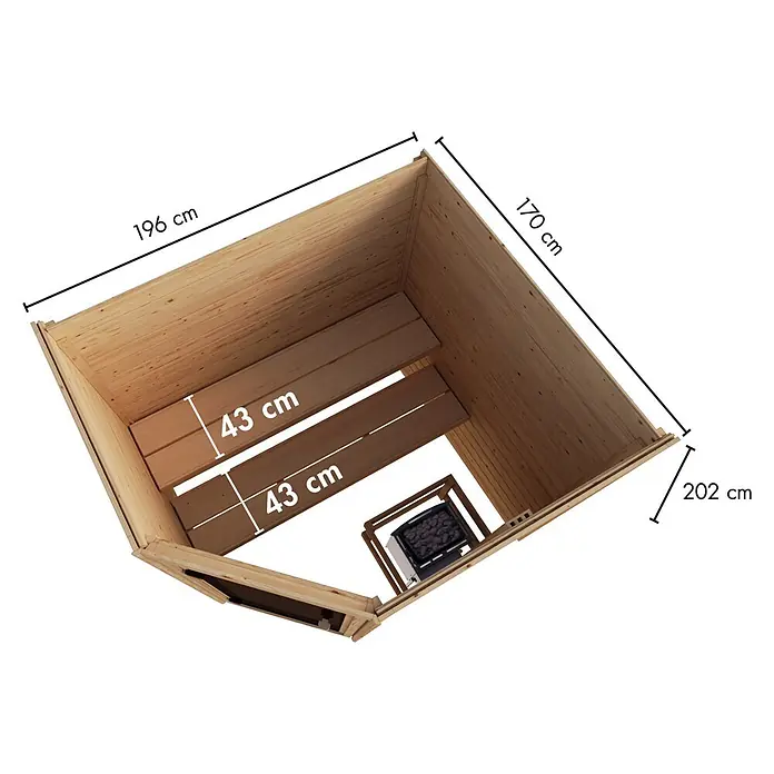 Karibu Elementsauna Corner - Mit Ofen, L x B x H: 170 x 196 x 202 cm - Innenansicht einer hellen Holzsauna mit zwei Bänken, einem Ofen und sichtbaren Maßen.