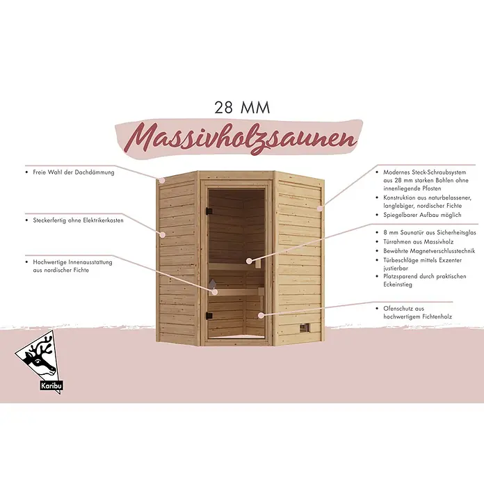 Karibu Elementsauna Oda Eck - Mit Ofen, L x B x H: 145 x 148 x 190,5 cm - Eck-Massivholzsauna aus hellem Holz mit Glastür.