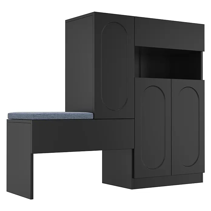 SONNENH Schuhschrank - Schwarz/Grau - Dunkelgraue Garderobenbank mit Stauraum und blauer Textilauflage. Türen mit gewölbten Details.