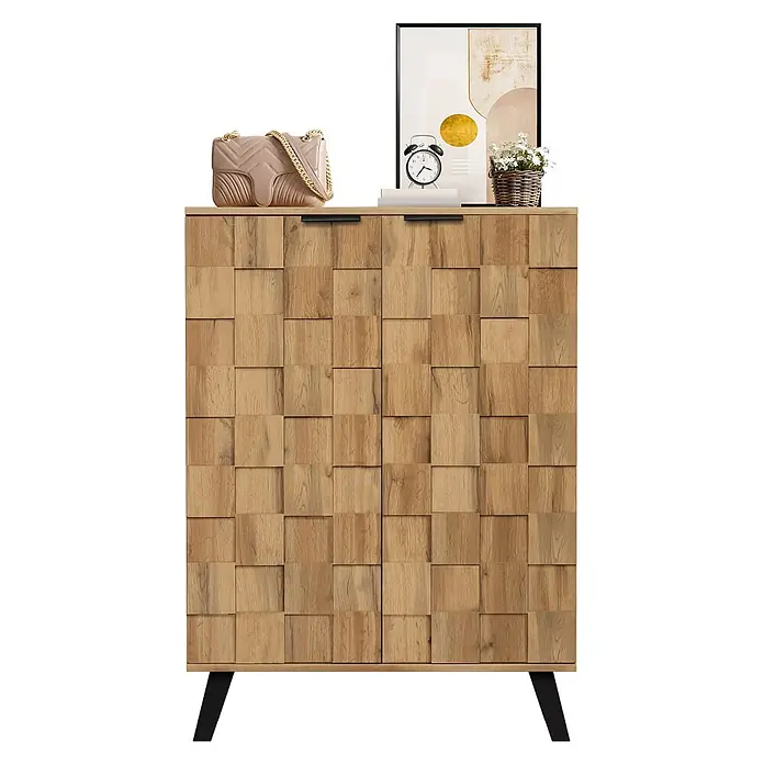 SONNENH Schuhschrank mit geometrischer Front, Natur -  - Hellbrauner Holzschrank mit 3D-Blockmuster an den Türen, schwarzen Griffen und Beinen. Zwei Türen.