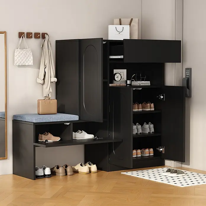 SONNENH Schuhschrank - Schwarz/Grau - Schwarzer Schuhschrank mit integrierter Bank, Schuhablagen, Garderobenhaken und einer Sitzgelegenheit für den Eingangsbereich.