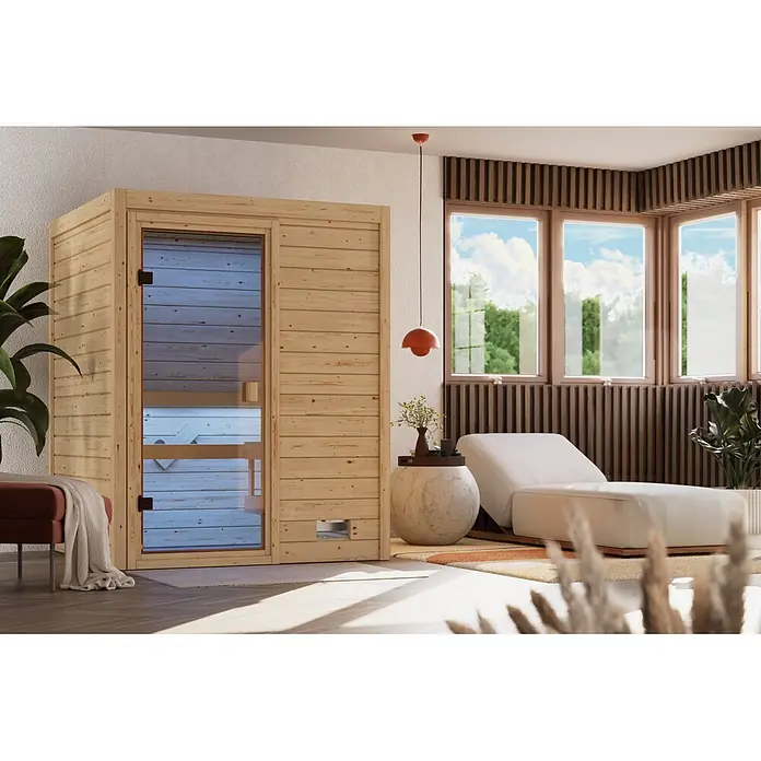 Karibu Elementsauna Oda - Mit Ofen, L x B x H: 145 x 148 x 190,5 cm - Helle Holzsaunakabine in einem modernen Heim-Spa. Mit Glastür und horizontalen Holzpaneelen.
